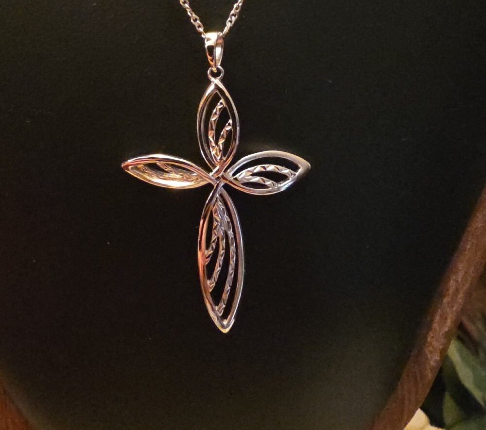 JTV Sterling Silver Diamond Cut Cross Pendant With 24 Inch Singapore Chain